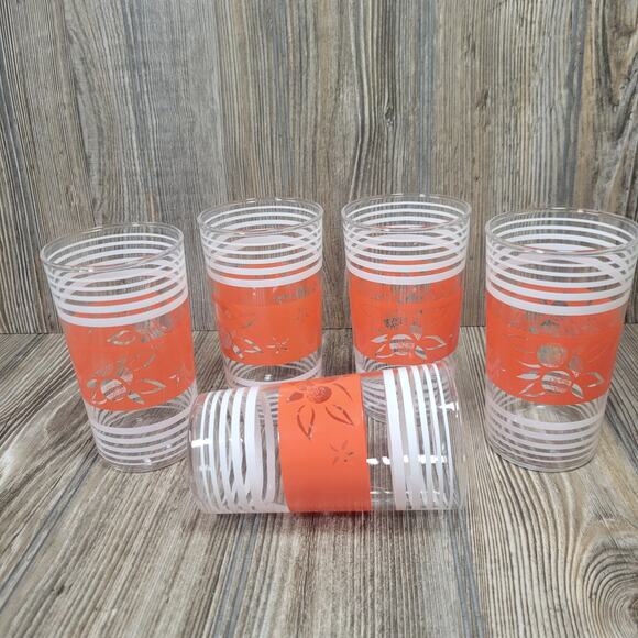 5 Retro Glass Tumblers, Red Fruit Band, White Stripes - Picture 2 of 5